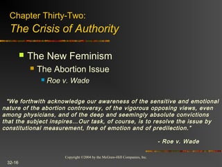 Copyright ©2004 by the McGraw-Hill Companies, Inc.
32-16
 The New Feminism
 The Abortion Issue
 Roe v. Wade
Chapter Thirty-Two:
The Crisis of Authority
  "We forthwith acknowledge our awareness of the sensitive and emotional
nature of the abortion controversy, of the vigorous opposing views, even
among physicians, and of the deep and seemingly absolute convictions
that the subject inspires…Our task, of course, is to resolve the issue by
constitutional measurement, free of emotion and of predilection.”
- Roe v. Wade
 