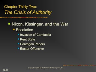 Copyright ©2004 by the McGraw-Hill Companies, Inc.
32-23
 Nixon, Kissinger, and the War
 Escalation
 Invasion of Cambodia
 Kent State
 Pentagon Papers
 Easter Offensive
Chapter Thirty-Two:
The Crisis of Authority
 