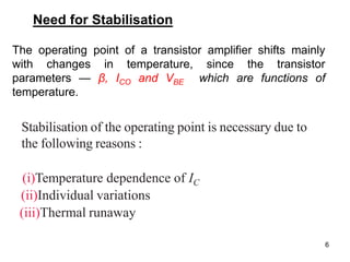 6
Need for Stabilisation
The operating point of a transistor amplifier shifts mainly
with changes in temperature, since the transistor
parameters — β, ICO and VBE which are functions of
temperature.
Stabilisation of the operating point is necessary due to
the following reasons :
(i)Temperature dependence of IC
(ii)Individual variations
(iii)Thermal runaway
 
