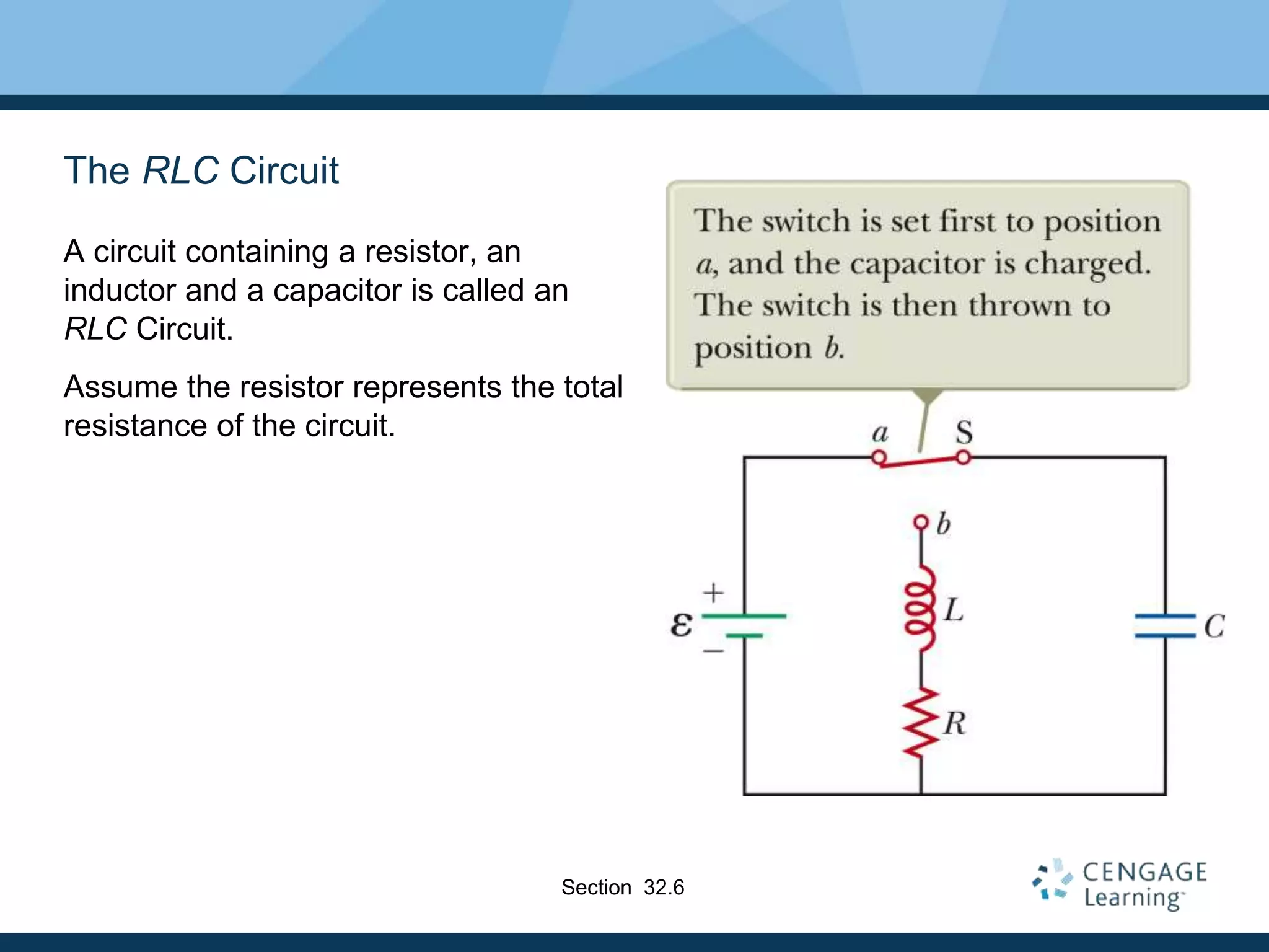 The RLC Circuit
A circuit containing a resistor, an
inductor and a capacitor is called an
RLC Circuit.
Assume the resistor represents the total
resistance of the circuit.
Section 32.6
 