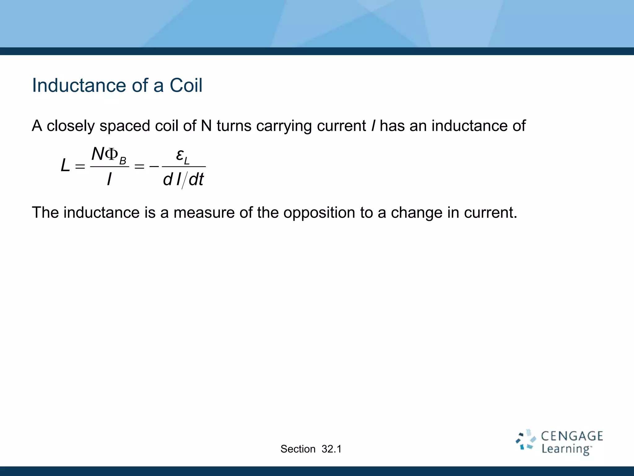 Inductance of a Coil
A closely spaced coil of N turns carrying current I has an inductance of
The inductance is a measure of the opposition to a change in current.
B L
N ε
L
I d I dt

  
Section 32.1
 