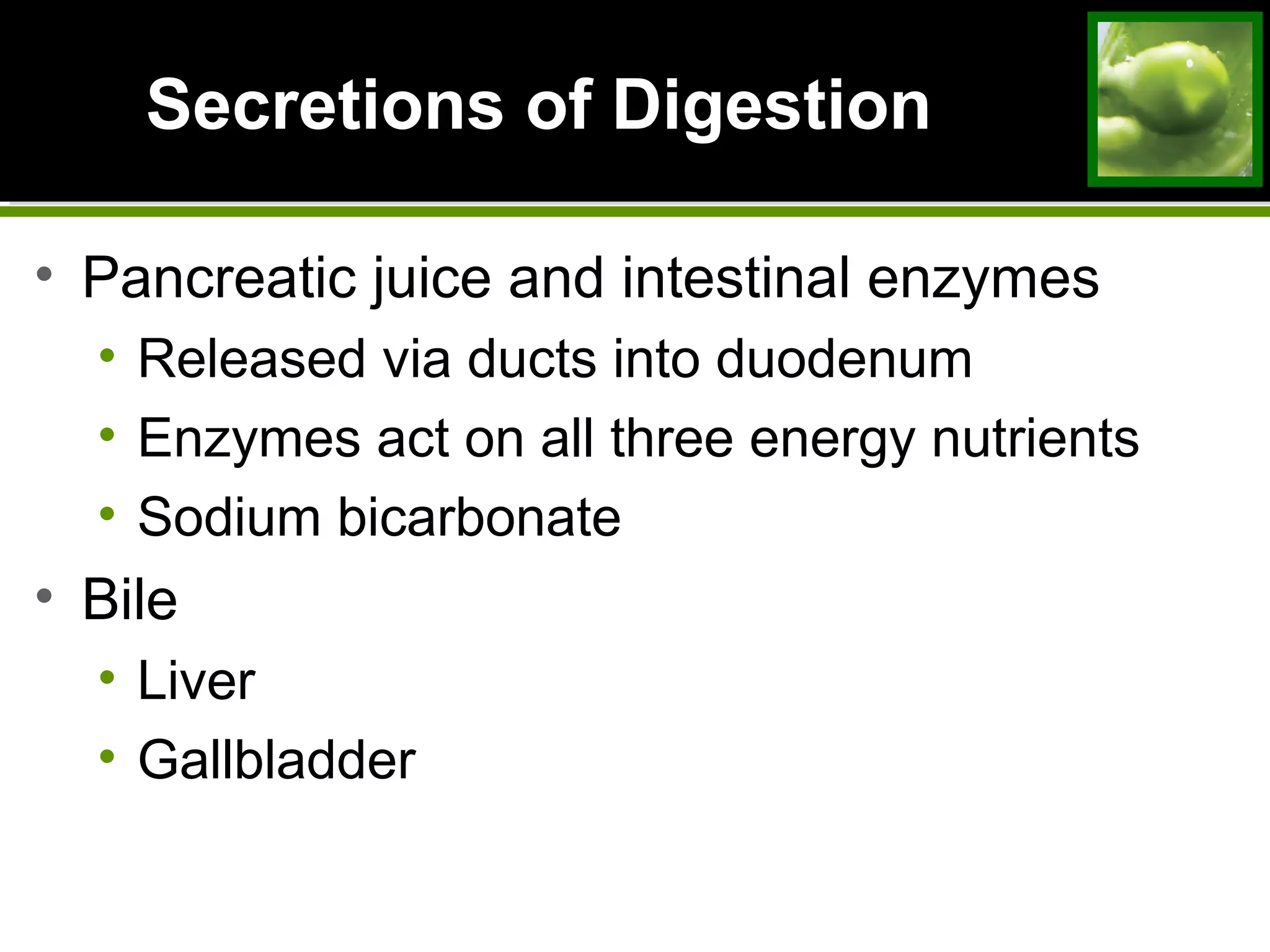 Secretions of DigestionSecretions of Digestion
• Pancreatic juice and intestinal enzymes
• Released via ducts into duodenum
• Enzymes act on all three energy nutrients
• Sodium bicarbonate
• Bile
• Liver
• Gallbladder
 