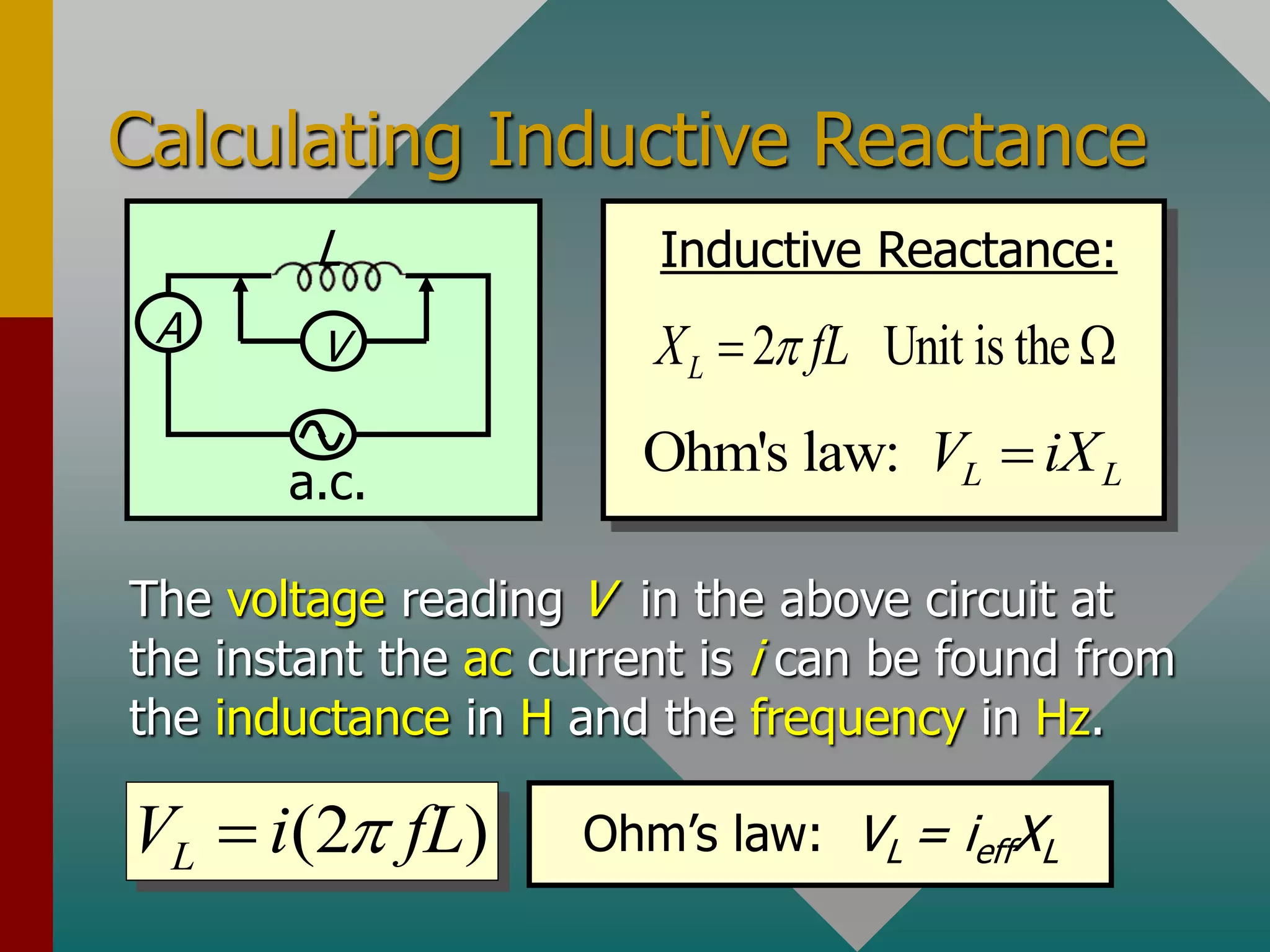Calculating Inductive Reactance
A
L
V
a.c.
Inductive Reactance:
2 Unit is the
L
X fL

 
Ohm's law: L L
V iX

The voltage reading V in the above circuit at
the instant the ac current is i can be found from
the inductance in H and the frequency in Hz.
(2 )
L
V i fL

 Ohm’s law: VL = ieffXL
 