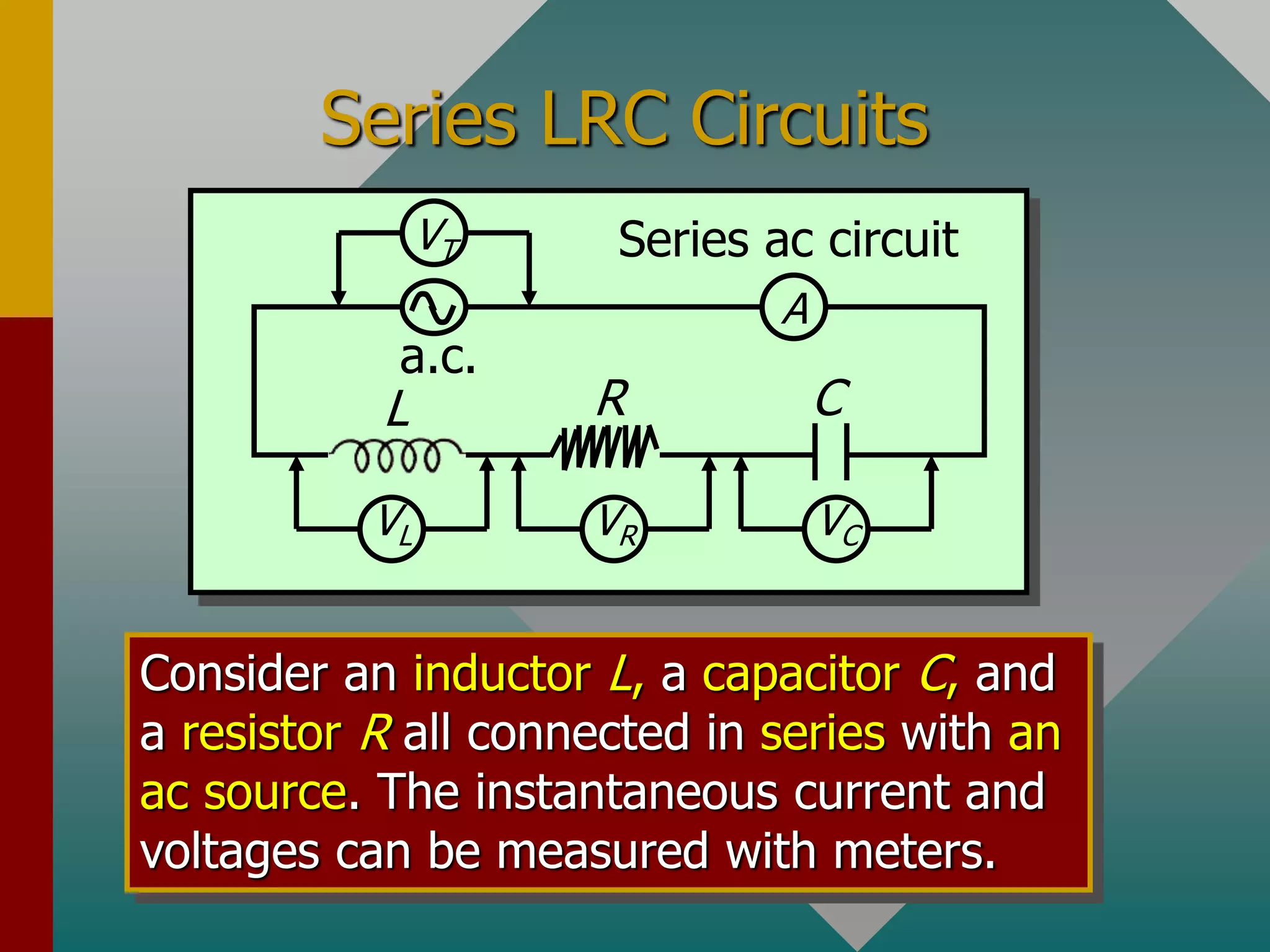 Series LRC Circuits
L
VR VC
C
R
a.c.
VL
VT
A
Series ac circuit
Consider an inductor L, a capacitor C, and
a resistor R all connected in series with an
ac source. The instantaneous current and
voltages can be measured with meters.
 