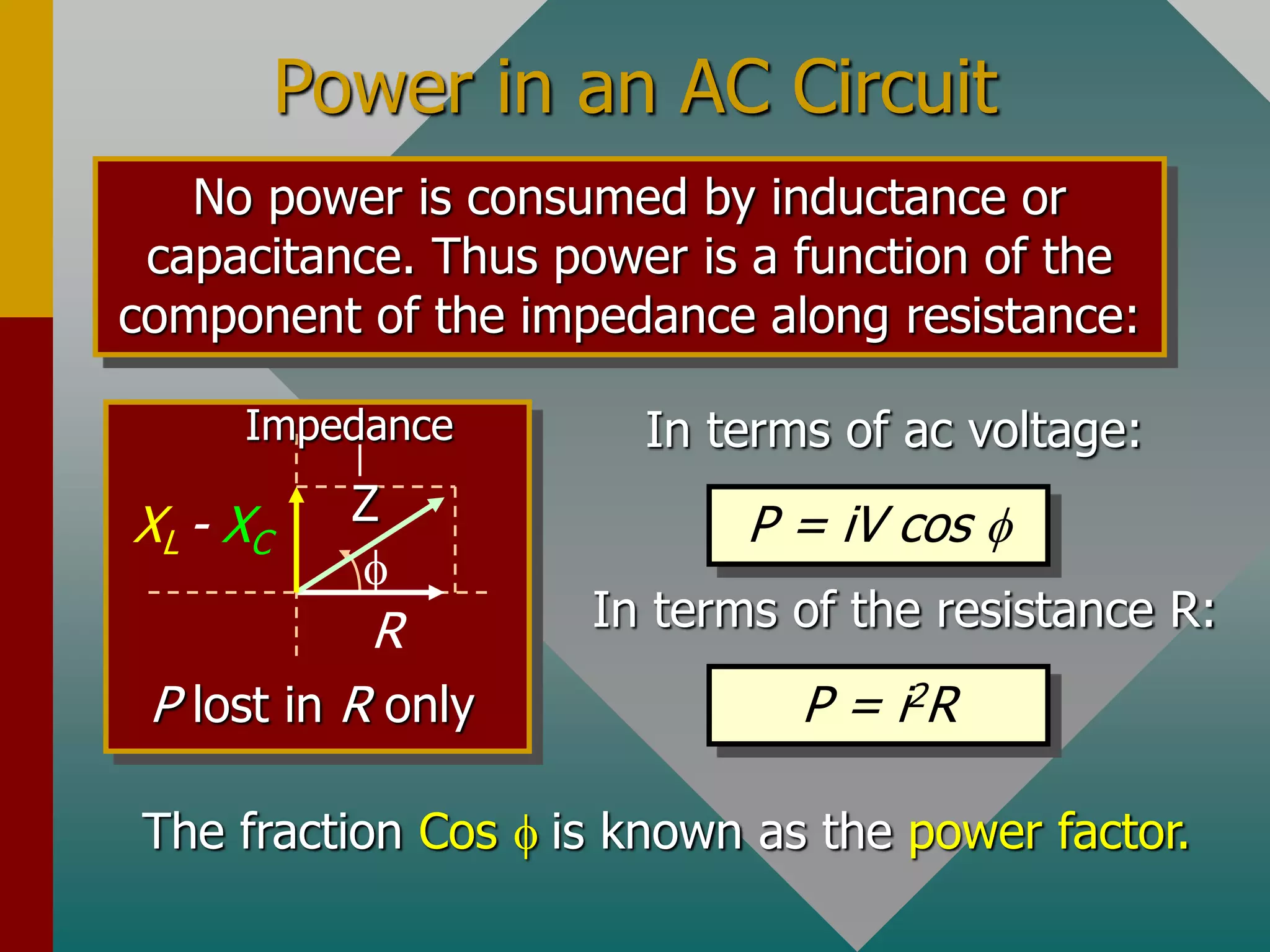Power in an AC Circuit
No power is consumed by inductance or
capacitance. Thus power is a function of the
component of the impedance along resistance:
In terms of ac voltage:
P = iV cos 
In terms of the resistance R:
P = i2R

R
XL - XC
Z
Impedance
P lost in R only
The fraction Cos  is known as the power factor.
 