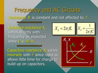 Frequency and AC Circuits
f
R, X
1
2
C
X
fC


2
L
X fL


Resistance R is constant and not affected by f.
Inductive reactance XL
varies directly with
frequency as expected
since E  Di/Dt.
Capacitive reactance XC varies
inversely with f since rapid ac
allows little time for charge to
build up on capacitors.
R
XL
XC
 