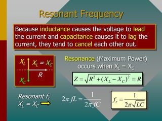 Resonant Frequency
Because inductance causes the voltage to lead
the current and capacitance causes it to lag the
current, they tend to cancel each other out.
Resonance (Maximum Power)
occurs when XL = XC
R
XC
XL XL = XC
2 2
( )
L C
Z R X X R
   
1
2
2
fL
fC



1
2
r
f
LC


Resonant fr
XL = XC
 