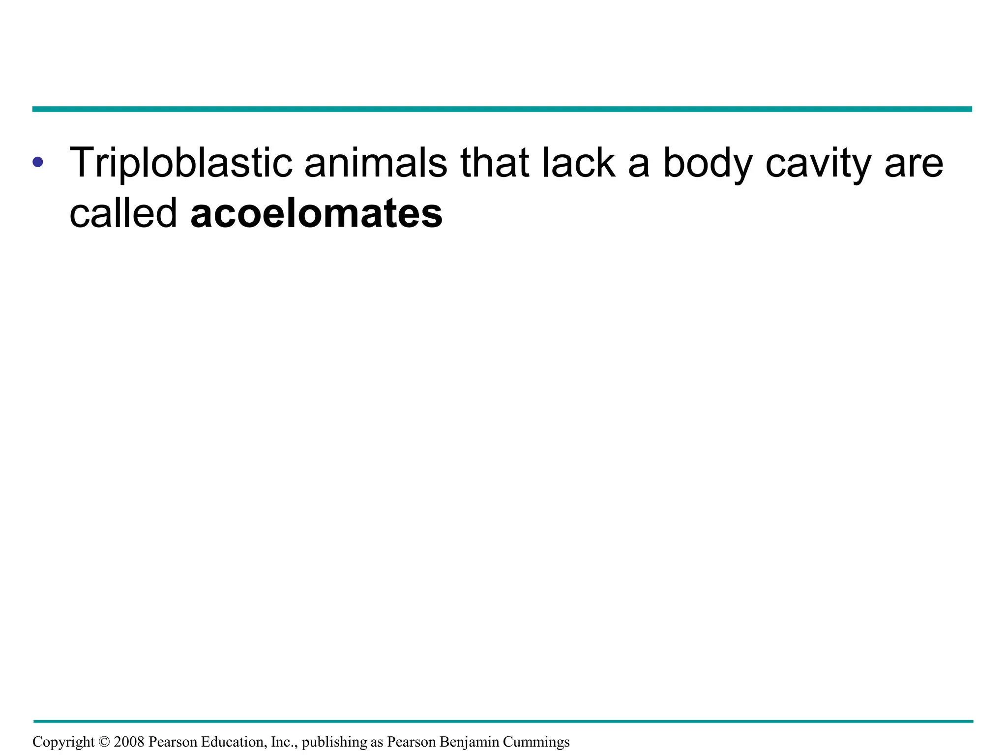 Copyright © 2008 Pearson Education, Inc., publishing as Pearson Benjamin Cummings
• Triploblastic animals that lack a body cavity are
called acoelomates
 