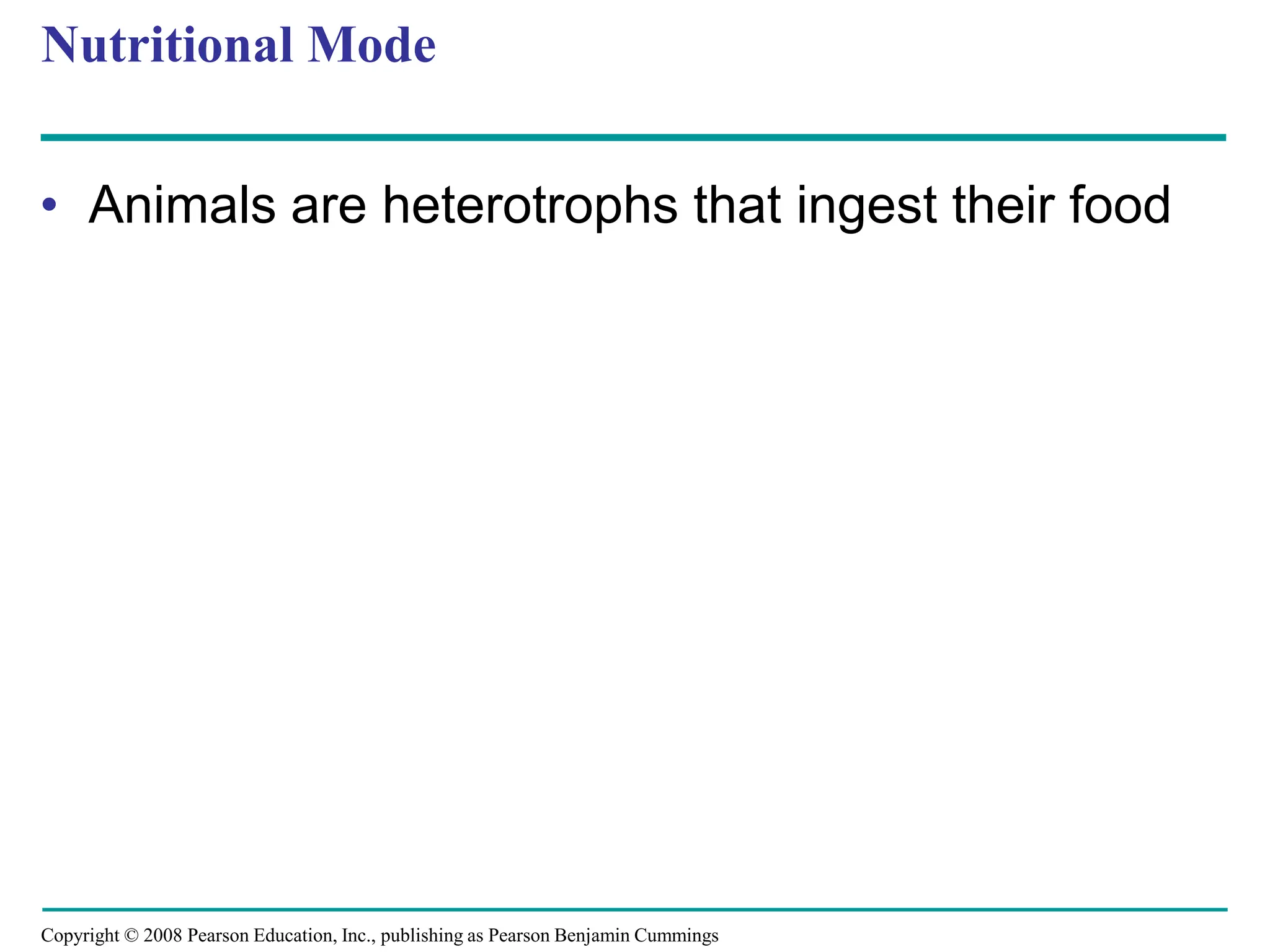 Copyright © 2008 Pearson Education, Inc., publishing as Pearson Benjamin Cummings
Nutritional Mode
• Animals are heterotrophs that ingest their food
 