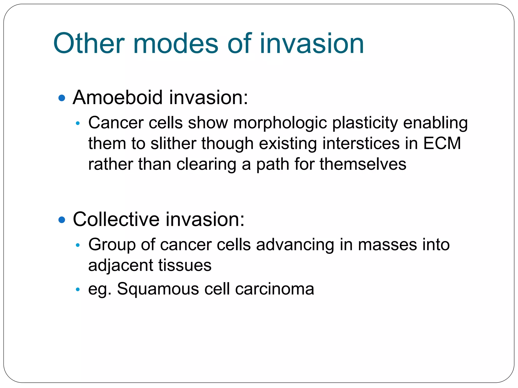 Other modes of invasion
 Amoeboid invasion:
• Cancer cells show morphologic plasticity enabling
them to slither though existing interstices in ECM
rather than clearing a path for themselves
 Collective invasion:
• Group of cancer cells advancing in masses into
adjacent tissues
• eg. Squamous cell carcinoma
 