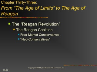 Copyright ©2004 by the McGraw-Hill Companies, Inc.
33-14
 The “Reagan Revolution”
 The Reagan Coalition
 Free-Market Conservatives
 “Neo-Conservatives”
Chapter Thirty-Three:
From “The Age of Limits” to The Age of
Reagan
 