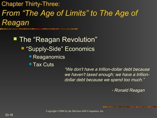 Copyright ©2004 by the McGraw-Hill Companies, Inc.
33-16
 The “Reagan Revolution”
 “Supply-Side” Economics
 Reaganomics
 Tax Cuts
Chapter Thirty-Three:
From “The Age of Limits” to The Age of
Reagan
“We don't have a trillion-dollar debt because
we haven't taxed enough; we have a trillion-
dollar debt because we spend too much.”
- Ronald Reagan
 