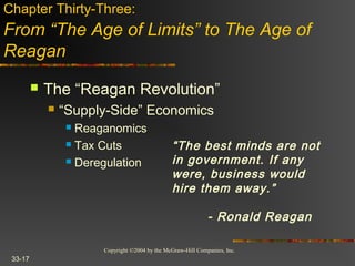Copyright ©2004 by the McGraw-Hill Companies, Inc.
33-17
 The “Reagan Revolution”
 “Supply-Side” Economics
 Reaganomics
 Tax Cuts
 Deregulation
Chapter Thirty-Three:
From “The Age of Limits” to The Age of
Reagan
“The best minds are not
in government. If any
were, business would
hire them away.”
- Ronald Reagan
 
