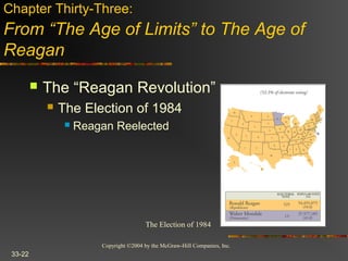 Copyright ©2004 by the McGraw-Hill Companies, Inc.
33-22
 The “Reagan Revolution”
 The Election of 1984
 Reagan Reelected
Chapter Thirty-Three:
From “The Age of Limits” to The Age of
Reagan
The Election of 1984
 