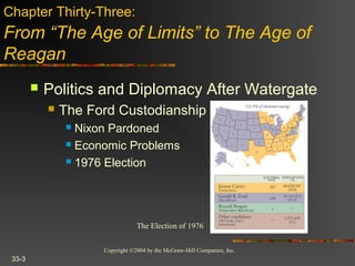 Copyright ©2004 by the McGraw-Hill Companies, Inc.
33-3
Chapter Thirty-Three:
From “The Age of Limits” to The Age of
Reagan
 Politics and Diplomacy After Watergate
 The Ford Custodianship
 Nixon Pardoned
 Economic Problems
 1976 Election
The Election of 1976
 