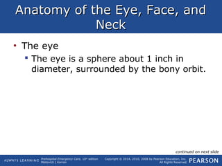 Prehospital Emergency Care, 10th
edition
Mistovich | Karren
Copyright © 2014, 2010, 2008 by Pearson Education, Inc.
All Rights Reserved
Anatomy of the Eye, Face, andAnatomy of the Eye, Face, and
NeckNeck
• The eye
 The eye is a sphere about 1 inch in
diameter, surrounded by the bony orbit.
continued on next slide
 