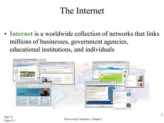 The Internet
• Internet is a worldwide collection of networks that links
millions of businesses, government agencies,
educational institutions, and individuals
Discovering Computers : Chapter 2
3
Page 74
Figure 2-1
 