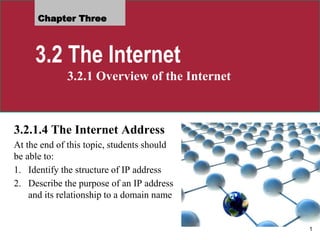 Chapter Three
3.2 The Internet
3.2.1 Overview of the Internet
3.2.1.4 The Internet Address
At the end of this topic, students should
be able to:
1. Identify the structure of IP address
2. Describe the purpose of an IP address
and its relationship to a domain name
1
 