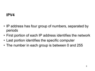 6
• IP address has four group of numbers, separated by
periods
• First portion of each IP address identifies the network
• Last portion identifies the specific computer
• The number in each group is between 0 and 255
IPV4
 