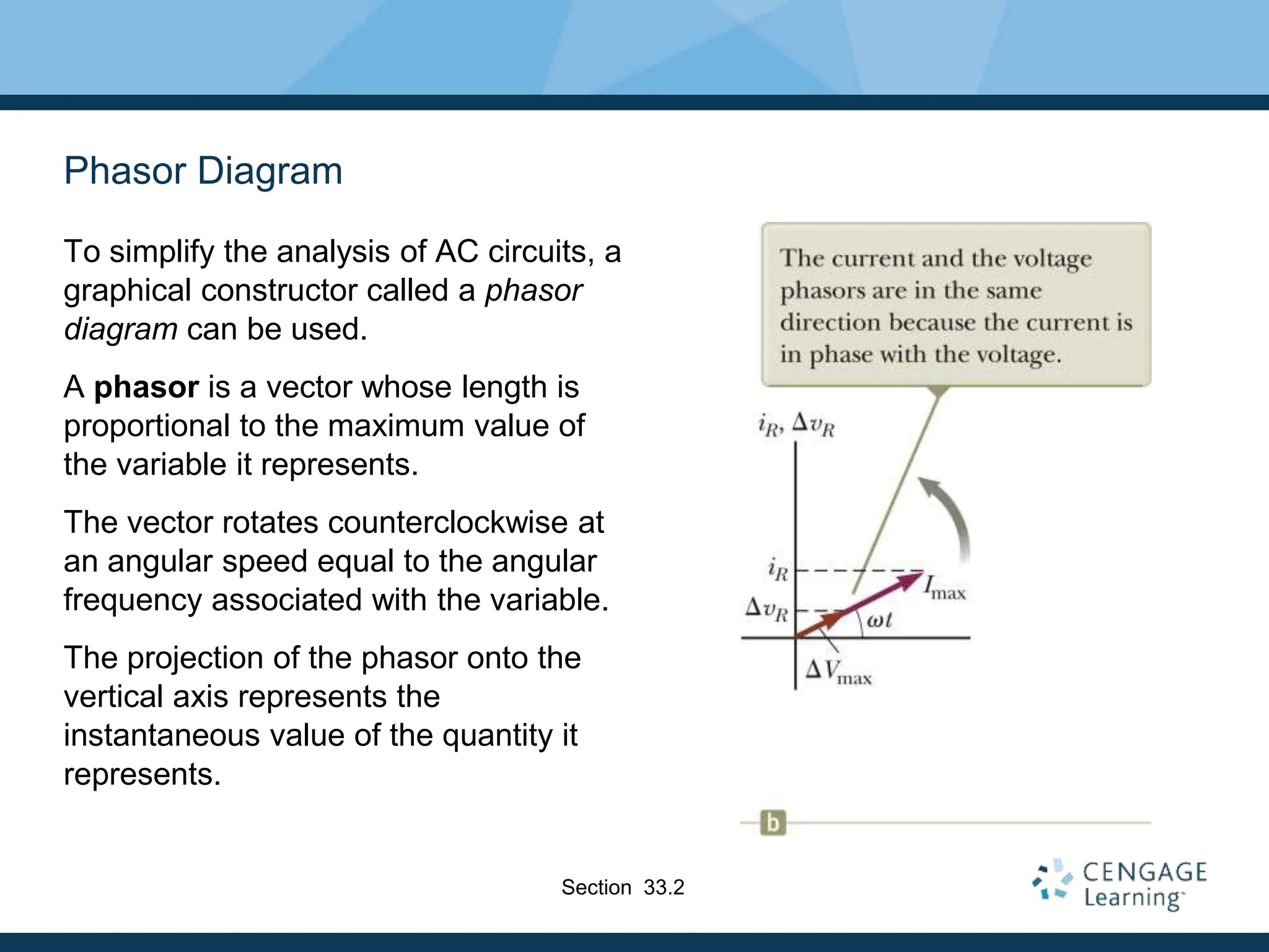 Phasor Diagram
To simplify the analysis of AC circuits, a
graphical constructor called a phasor
diagram can be used.
A phasor is a vector whose length is
proportional to the maximum value of
the variable it represents.
The vector rotates counterclockwise at
an angular speed equal to the angular
frequency associated with the variable.
The projection of the phasor onto the
vertical axis represents the
instantaneous value of the quantity it
represents.
Section 33.2
 