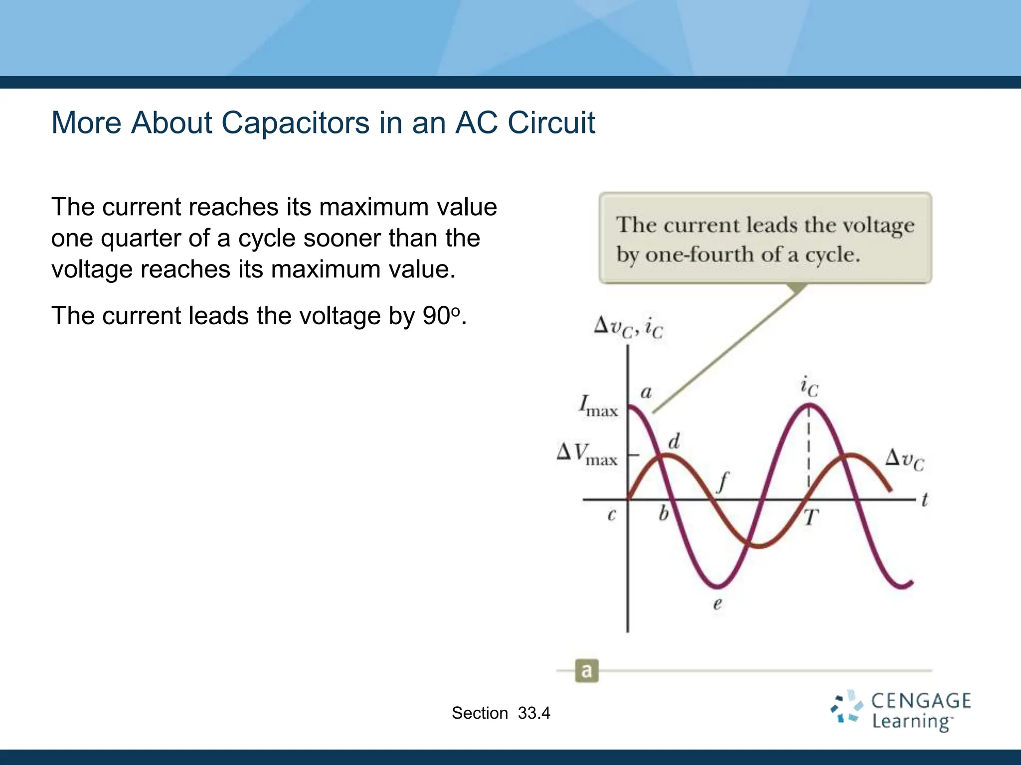 More About Capacitors in an AC Circuit
The current reaches its maximum value
one quarter of a cycle sooner than the
voltage reaches its maximum value.
The current leads the voltage by 90o.
Section 33.4
 