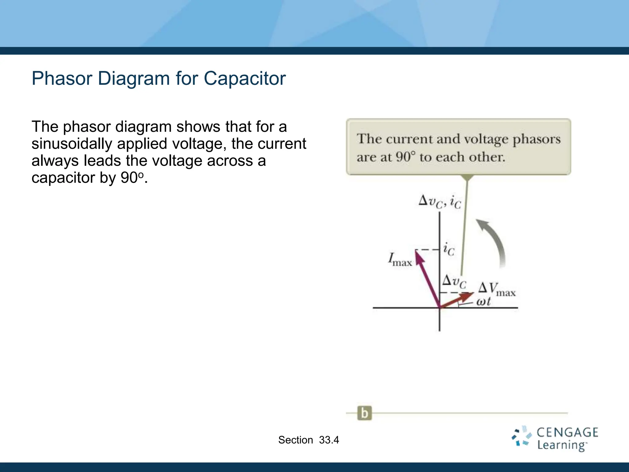 Phasor Diagram for Capacitor
The phasor diagram shows that for a
sinusoidally applied voltage, the current
always leads the voltage across a
capacitor by 90o.
Section 33.4
 
