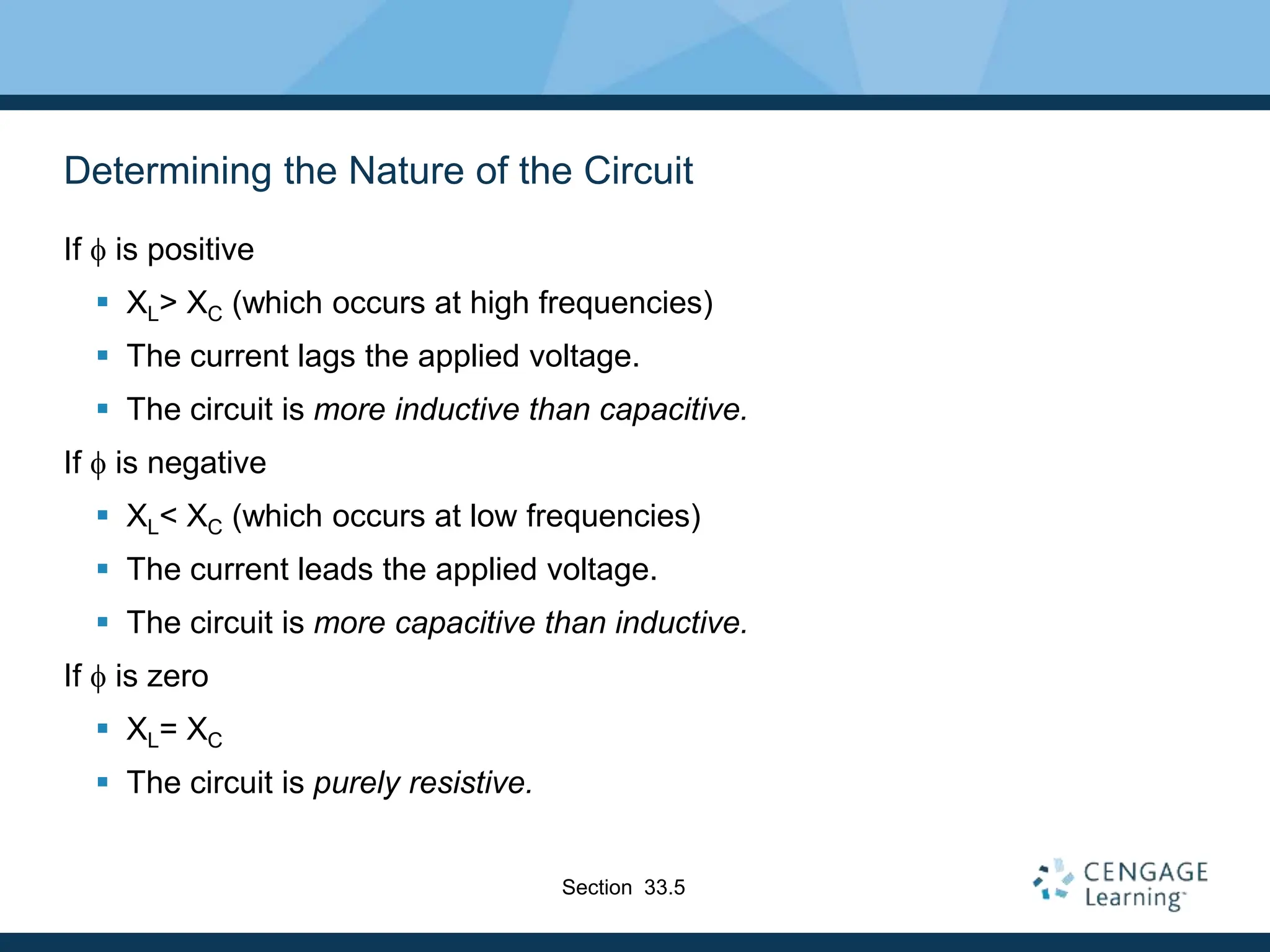 Determining the Nature of the Circuit
If f is positive
 XL> XC (which occurs at high frequencies)
 The current lags the applied voltage.
 The circuit is more inductive than capacitive.
If f is negative
 XL< XC (which occurs at low frequencies)
 The current leads the applied voltage.
 The circuit is more capacitive than inductive.
If f is zero
 XL= XC
 The circuit is purely resistive.
Section 33.5
 