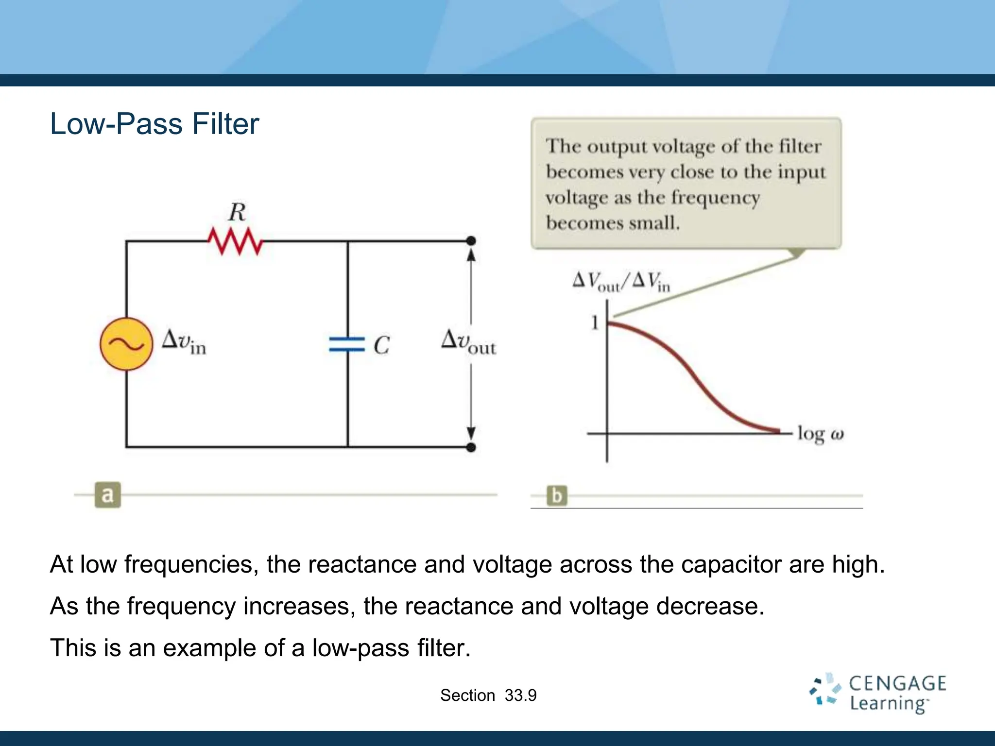 Low-Pass Filter
At low frequencies, the reactance and voltage across the capacitor are high.
As the frequency increases, the reactance and voltage decrease.
This is an example of a low-pass filter.
Section 33.9
 