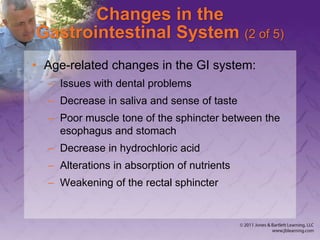 Changes in the
Gastrointestinal System (2 of 5)
• Age-related changes in the GI system:
– Issues with dental problems
– Decrease in saliva and sense of taste
– Poor muscle tone of the sphincter between the
esophagus and stomach
– Decrease in hydrochloric acid
– Alterations in absorption of nutrients
– Weakening of the rectal sphincter
 