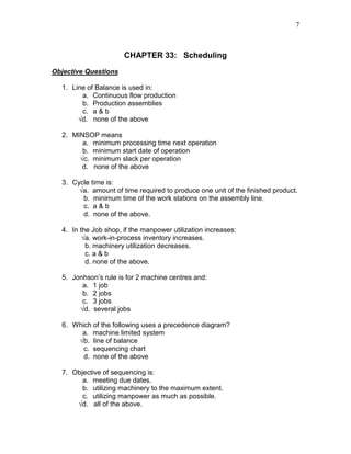 7
CHAPTER 33: Scheduling
Objective Questions
1. Line of Balance is used in:
a. Continuous flow production
b. Production assemblies
c. a & b
√d. none of the above
2. MINSOP means
a. minimum processing time next operation
b. minimum start date of operation
√c. minimum slack per operation
d. none of the above
3. Cycle time is:
√a. amount of time required to produce one unit of the finished product.
b. minimum time of the work stations on the assembly line.
c. a & b
d. none of the above.
4. In the Job shop, if the manpower utilization increases:
√a. work-in-process inventory increases.
b. machinery utilization decreases.
c. a & b
d. none of the above.
5. Jonhson’s rule is for 2 machine centres and:
a. 1 job
b. 2 jobs
c. 3 jobs
√d. several jobs
6. Which of the following uses a precedence diagram?
a. machine limited system
√b. line of balance
c. sequencing chart
d. none of the above
7. Objective of sequencing is:
a. meeting due dates.
b. utilizing machinery to the maximum extent.
c. utilizing manpower as much as possible.
√d. all of the above.
 