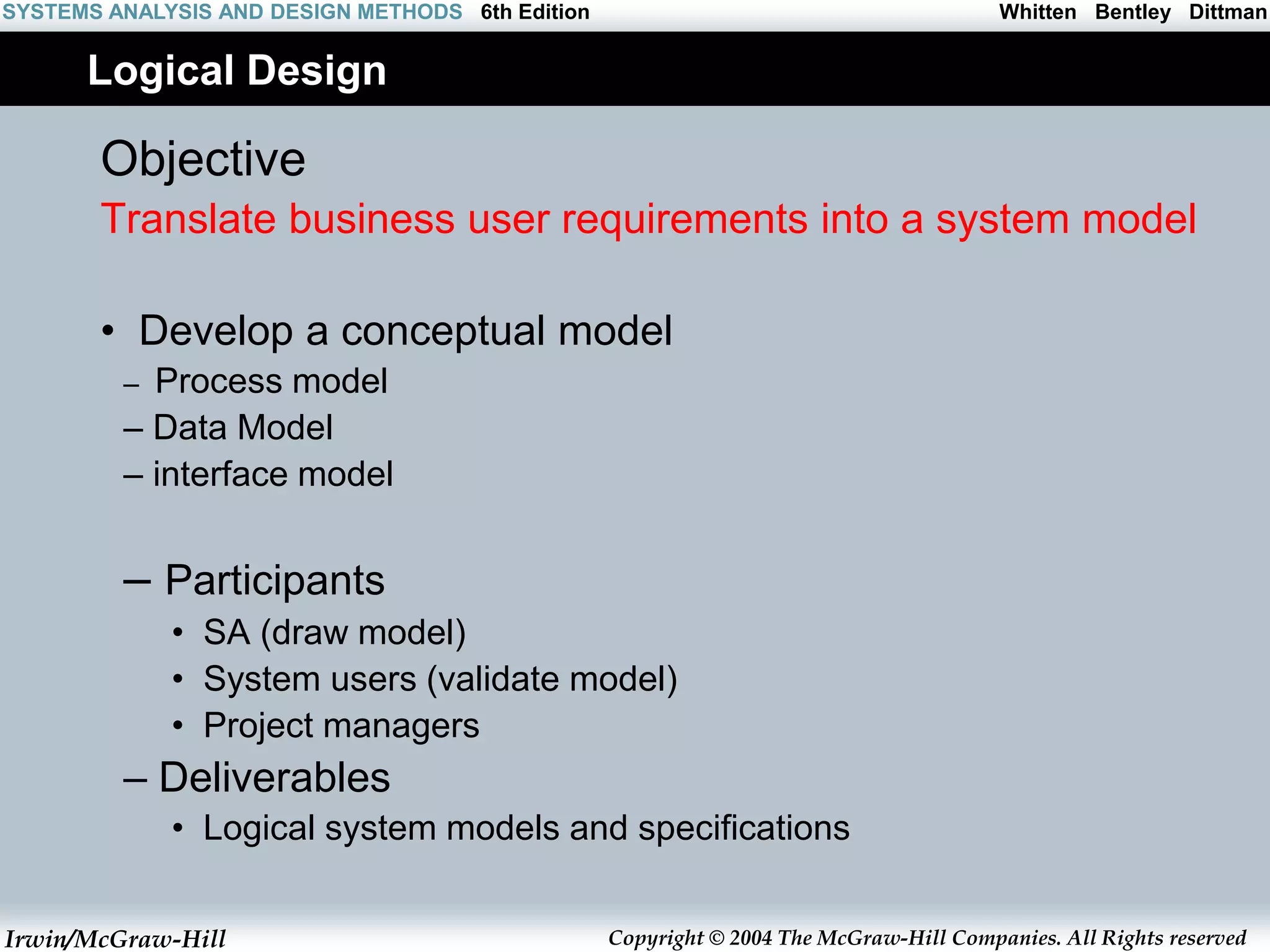 Irwin/McGraw-Hill Copyright © 2004 The McGraw-Hill Companies. All Rights reserved
Whitten Bentley Dittman
SYSTEMS ANALYSIS AND DESIGN METHODS 6th Edition
Logical Design
Objective
Translate business user requirements into a system model
• Develop a conceptual model
– Process model
– Data Model
– interface model
– Participants
• SA (draw model)
• System users (validate model)
• Project managers
– Deliverables
• Logical system models and specifications
 
