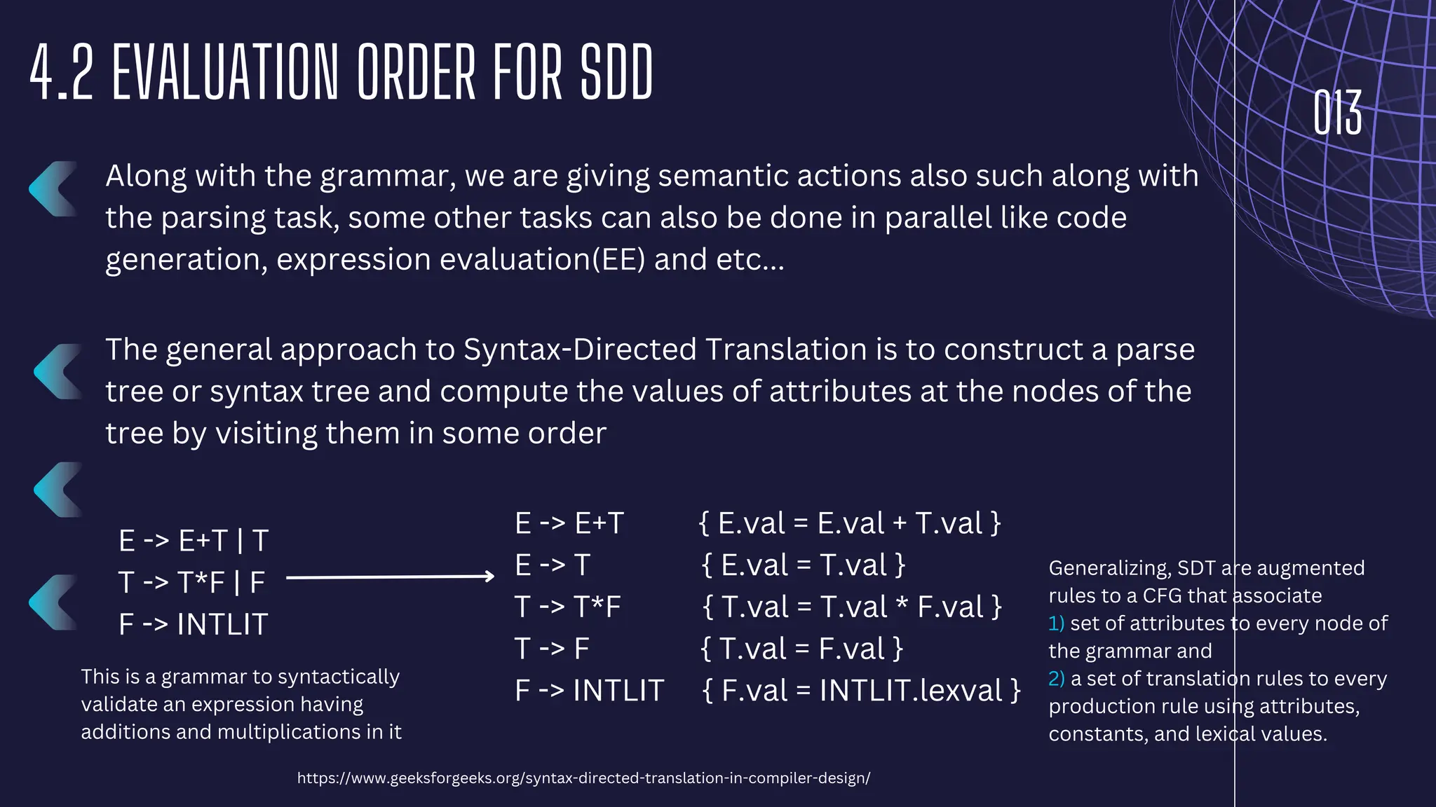 013
4.2 EVALUATION ORDER FOR SDD
The general approach to Syntax-Directed Translation is to construct a parse
tree or syntax tree and compute the values of attributes at the nodes of the
tree by visiting them in some order
E -> E+T | T
T -> T*F | F
F -> INTLIT
E -> E+T { E.val = E.val + T.val }
E -> T { E.val = T.val }
T -> T*F { T.val = T.val * F.val }
T -> F { T.val = F.val }
F -> INTLIT { F.val = INTLIT.lexval }
This is a grammar to syntactically
validate an expression having
additions and multiplications in it
Generalizing, SDT are augmented
rules to a CFG that associate
1) set of attributes to every node of
the grammar and
2) a set of translation rules to every
production rule using attributes,
constants, and lexical values.
https://www.geeksforgeeks.org/syntax-directed-translation-in-compiler-design/
Along with the grammar, we are giving semantic actions also such along with
the parsing task, some other tasks can also be done in parallel like code
generation, expression evaluation(EE) and etc...
 