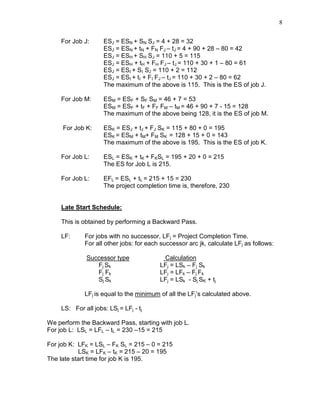 8
For Job J: ESJ = ESN + SN SJ = 4 + 28 = 32
ESJ = ESN + tN + FN FJ – tJ = 4 + 90 + 28 – 80 = 42
ESJ = ESH + SH SJ = 110 + 5 = 115
ESJ = ESH + tH + FH FJ – tJ = 110 + 30 + 1 – 80 = 61
ESJ = ESI + SI SJ = 110 + 2 = 112
ESJ = ESI + tI + FI FJ – tJ = 110 + 30 + 2 – 80 = 62
The maximum of the above is 115. This is the ES of job J.
For Job M: ESM = ESF + SF SM = 46 + 7 = 53
ESM = ESF + tF + FF FM – tM = 46 + 90 + 7 - 15 = 128
The maximum of the above being 128, it is the ES of job M.
For Job K: ESK = ESJ + tJ + FJ SK = 115 + 80 + 0 = 195
ESK = ESM + tM+ FM SK = 128 + 15 + 0 = 143
The maximum of the above is 195. This is the ES of job K.
For Job L: ESL = ESK + tK + FKSL = 195 + 20 + 0 = 215
The ES for Job L is 215.
For Job L: EFL = ESL + tL = 215 + 15 = 230
The project completion time is, therefore, 230
Late Start Schedule:
This is obtained by performing a Backward Pass.
LF: For jobs with no successor, LFj = Project Completion Time.
For all other jobs: for each successor arc jk, calculate LFj as follows:
Successor type Calculation
Fj Sk LFj = LSk – Fj Sk
Fj Fk LFj = LFk – Fj Fk
Sj Sk LFj = LSk - Sj SK + tj
LFj is equal to the minimum of all the LFj’s calculated above.
LS: For all jobs: LSj = LFj - tj
We perform the Backward Pass, starting with job L.
For job L: LSL = LFL – tL = 230 –15 = 215
For job K: LFK = LSL – FK SL = 215 – 0 = 215
LSK = LFK – tK = 215 – 20 = 195
The late start time for job K is 195.
 