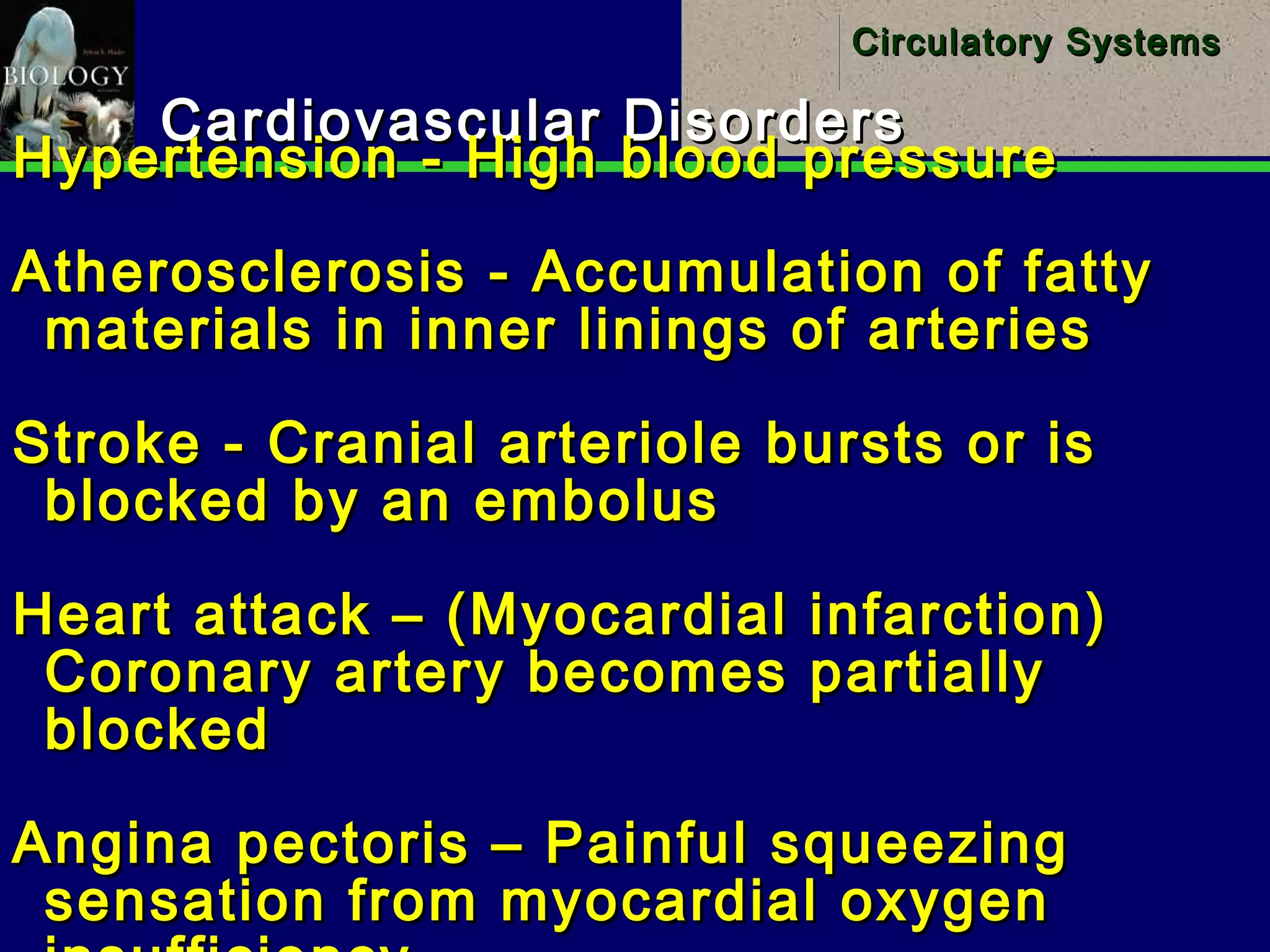 25
Circulatory SystemsCirculatory Systems
Cardiovascular DisordersCardiovascular Disorders
Hypertension - High blood pressureHypertension - High blood pressure
Atherosclerosis - Accumulation of fattyAtherosclerosis - Accumulation of fatty
materials in inner linings of arteriesmaterials in inner linings of arteries
Stroke - Cranial arteriole bursts or isStroke - Cranial arteriole bursts or is
blocked by an embolusblocked by an embolus
Heart attack – (Myocardial infarction)Heart attack – (Myocardial infarction)
Coronary artery becomes partiallyCoronary artery becomes partially
blockedblocked
Angina pectoris – Painful squeezingAngina pectoris – Painful squeezing
sensation from myocardial oxygensensation from myocardial oxygen
 