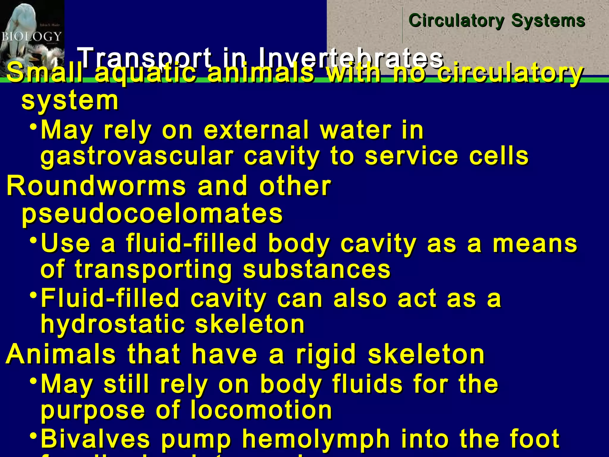 3
Circulatory SystemsCirculatory Systems
Transport in InvertebratesTransport in Invertebrates
Small aquatic animals with no circulatorySmall aquatic animals with no circulatory
systemsystem
May rely on external water inMay rely on external water in
gastrovascular cavity to service cellsgastrovascular cavity to service cells
Roundworms and otherRoundworms and other
pseudocoelomatespseudocoelomates
Use a fluid-filled body cavity as a meansUse a fluid-filled body cavity as a means
of transporting substancesof transporting substances
Fluid-filled cavity can also act as aFluid-filled cavity can also act as a
hydrostatic skeletonhydrostatic skeleton
Animals that have a rigid skeletonAnimals that have a rigid skeleton
May still rely on body fluids for theMay still rely on body fluids for the
purpose of locomotionpurpose of locomotion
Bivalves pump hemolymph into the footBivalves pump hemolymph into the foot
 