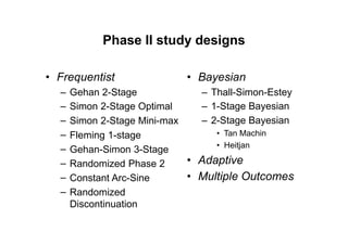 Phase II study designs
• Frequentist • Bayesian
–
–
–
–
–
–
–
–
Gehan 2-Stage
Simon 2-Stage Optimal
Simon 2-Stage Mini-max
Fleming 1-stage
Gehan-Simon 3-Stage
Randomized Phase 2
Constant Arc-Sine
Randomized
Discontinuation
–
–
–
Thall-Simon-Estey
1-Stage Bayesian
2-Stage Bayesian
• Tan Machin
• Heitjan
•
•
Adaptive
Multiple Outcomes
 