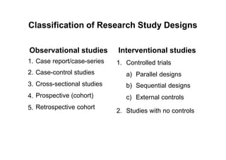 Classification of Research Study Designs
Observational studies Interventional studies
1.
2.
3.
4.
5.
Case report/case-series
Case-control studies
Cross-sectional studies
Prospective (cohort)
Retrospective cohort
1. Controlled trials
a)
b)
c)
Parallel designs
Sequential designs
External controls
2. Studies with no controls
 