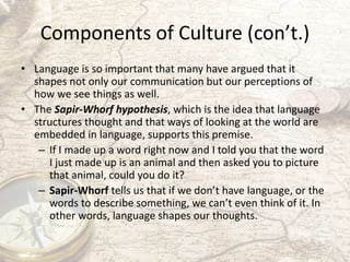 Components of Culture (con’t.)
• Language is so important that many have argued that it
shapes not only our communication ...