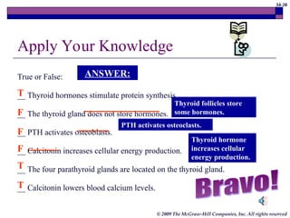34-20
© 2009 The McGraw-Hill Companies, Inc. All rights reserved
Apply Your Knowledge
True or False:
__ Thyroid hormones stimulate protein synthesis.
__ The thyroid gland does not store hormones.
__ PTH activates osteoblasts.
__ Calcitonin increases cellular energy production.
__ The four parathyroid glands are located on the thyroid gland.
__ Calcitonin lowers blood calcium levels.
F
F
F
T
T
T
ANSWER:
PTH activates osteoclasts.
Thyroid hormone
increases cellular
energy production.
Thyroid follicles store
some hormones.
 