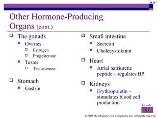 34-28
© 2009 The McGraw-Hill Companies, Inc. All rights reserved
Other Hormone-Producing
Organs (cont.)
 The gonads
 Ovaries
 Estrogen
 Progesterone
 Testes
 Testosterone
 Stomach
 Gastrin
 Small intestine
 Secretin
 Cholecystokinin
 Heart
 Atrial natriuretic
peptide – regulates BP
 Kidneys
 Erythropoietin –
stimulates blood cell
production Glands
 