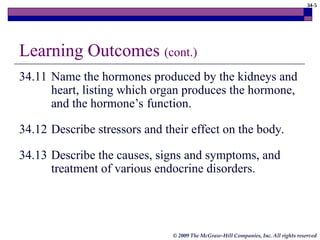 34-5
© 2009 The McGraw-Hill Companies, Inc. All rights reserved
Learning Outcomes (cont.)
34.11 Name the hormones produced by the kidneys and
heart, listing which organ produces the hormone,
and the hormone’s function.
34.12 Describe stressors and their effect on the body.
34.13 Describe the causes, signs and symptoms, and
treatment of various endocrine disorders.
 
