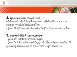2. พุทธิปัญญานิยม (Cognitivism) 
- ผู้เรียน รอรับ แล้วนาไปเปลี่ยนแปลงความรู้ที่เน้น ปริมาณ คุณภาพ 
ถ่ายทอด ความรู้เดิมไปเป็นความรู้ใหม่ 
- ผู้สอน เป็นผู้นาเสนอ สร้างสงิ่แวดล้อมให้ผู้เรียนรับสารสนเทศมากที่สุด 
3. คอนสตรัคติวิสต์ (Constructivism) 
- ผู้เรียน สร้างความรู้ กระทาการเรียนรู้เอง 
- ผู้สอน มีหน้าที่แนะนาทางพุทธิปัญญา สร้างสงิ่แวดล้อมทางการเรียน ให้ 
ผู้เรียนมีปฏิสัมพันธ์กับเนือ้หา ได้ศึกษาหาความรู้จากสภาพจริง 
 