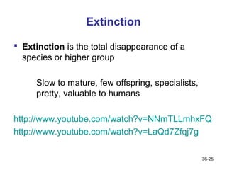 Extinction

 Extinction is the total disappearance of a
  species or higher group

     Slow to mature, few offspring, specialists,
     pretty, valuable to humans

http://www.youtube.com/watch?v=NNmTLLmhxFQ
http://www.youtube.com/watch?v=LaQd7Zfqj7g

                                                   36-25
 
