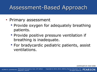 Prehospital Emergency Care, 10th
edition
Mistovich | Karren
Copyright © 2014, 2010, 2008 by Pearson Education, Inc.
All Rights Reserved
Assessment-Based ApproachAssessment-Based Approach
• Primary assessment
 Provide oxygen for adequately breathing
patients.
 Provide positive pressure ventilation if
breathing is inadequate.
 For bradycardic pediatric patients, assist
ventilations.
continued on next slide
 