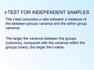 t-TEST FOR INDEPENDENT SAMPLES
The t-test computes a ratio between a measure of
the between-groups variance and the within group
variance.
The larger the variance between the groups
(columns), compared with the variance within the
groups (rows), the larger the t-value.
 
