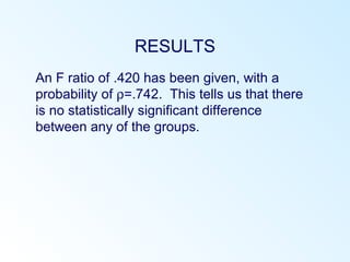 RESULTS
An F ratio of .420 has been given, with a
probability of ρ=.742. This tells us that there
is no statistically significant difference
between any of the groups.
 