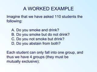 A WORKED EXAMPLE
Imagine that we have asked 110 students the
following:
A. Do you smoke and drink?
B. Do you smoke but do not drink?
C. Do you not smoke but drink?
D. Do you abstain from both?
Each student can only fall into one group, and
thus we have 4 groups (they must be
mutually exclusive);
 