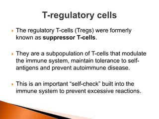  The regulatory T-cells (Tregs) were formerly
known as suppressor T-cells.
 They are a subpopulation of T-cells that modulate
the immune system, maintain tolerance to self-
antigens and prevent autoimmune disease.
 This is an important “self-check” built into the
immune system to prevent excessive reactions.
 