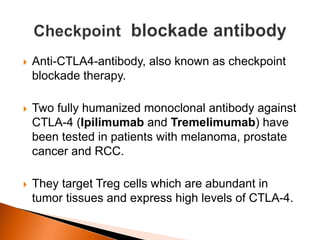  Anti-CTLA4-antibody, also known as checkpoint
blockade therapy.
 Two fully humanized monoclonal antibody against
CTLA-4 (Ipilimumab and Tremelimumab) have
been tested in patients with melanoma, prostate
cancer and RCC.
 They target Treg cells which are abundant in
tumor tissues and express high levels of CTLA-4.
 