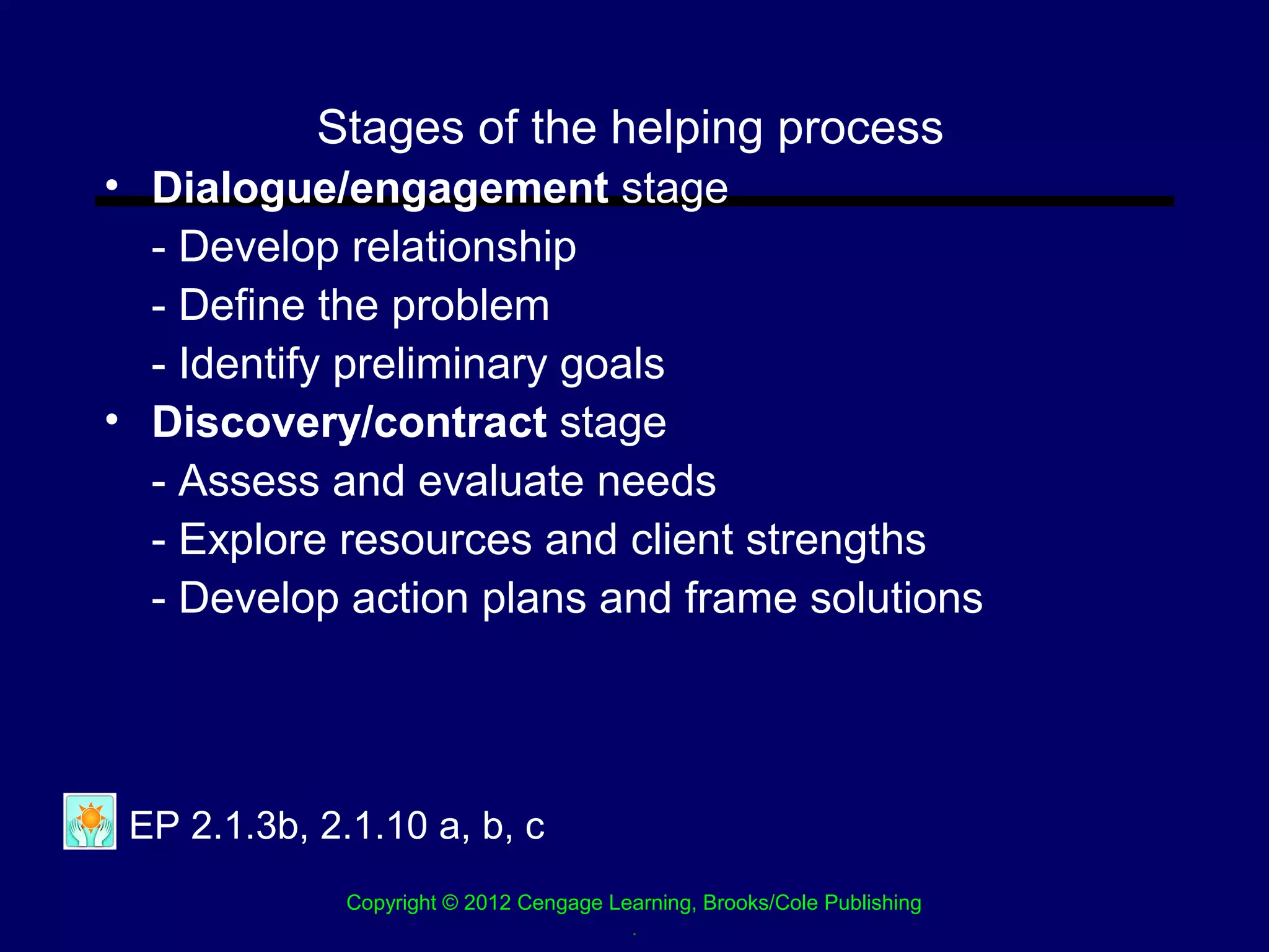 Stages of the helping process
• Dialogue/engagement stage
  - Develop relationship
  - Define the problem
  - Identify preliminary goals
• Discovery/contract stage
  - Assess and evaluate needs
  - Explore resources and client strengths
  - Develop action plans and frame solutions




 EP 2.1.3b, 2.1.10 a, b, c
              Copyright © 2012 Cengage Learning, Brooks/Cole Publishing
                                         .
 